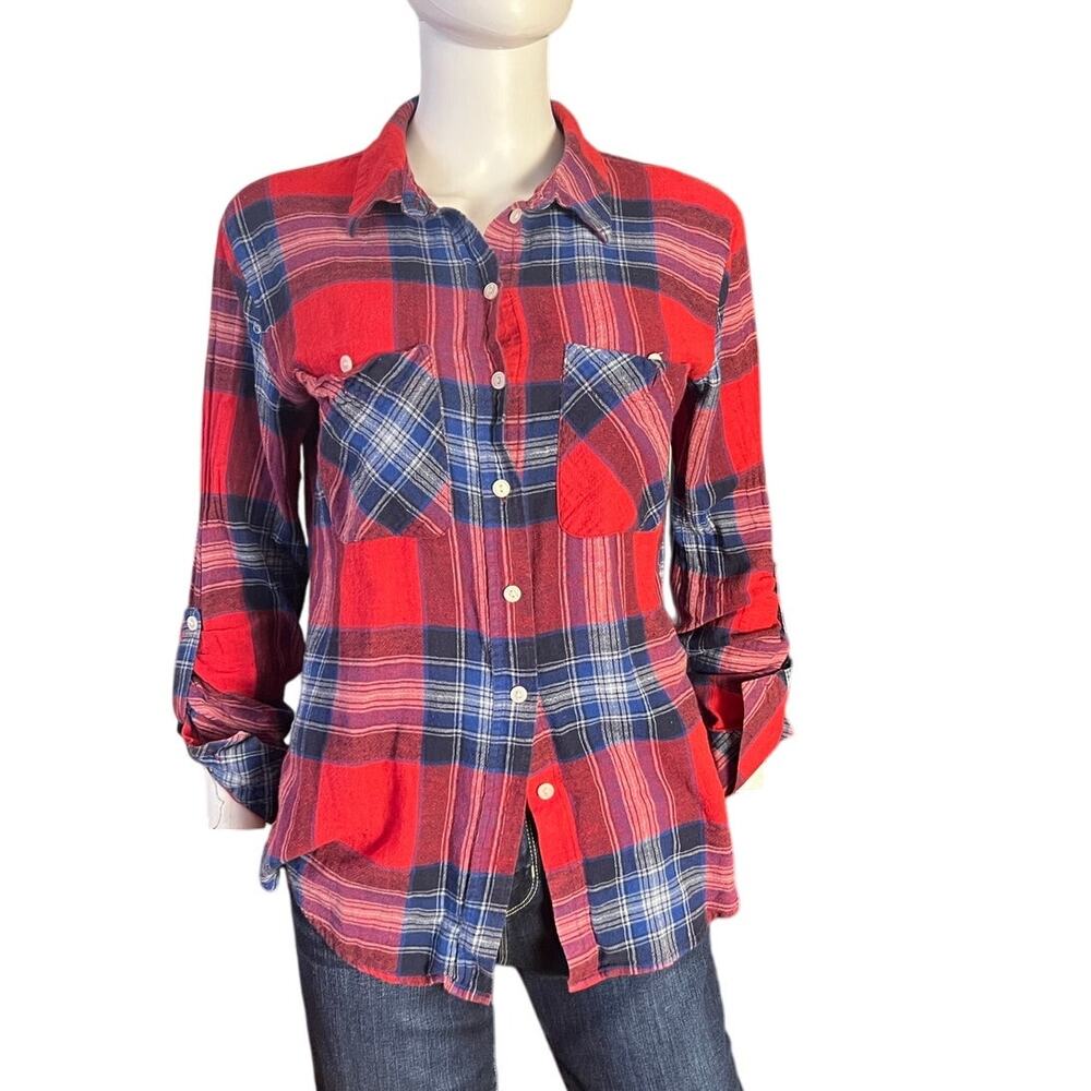 Sanctuary Red Plaid Cotton Linen Button-Down Shirt Top Size S